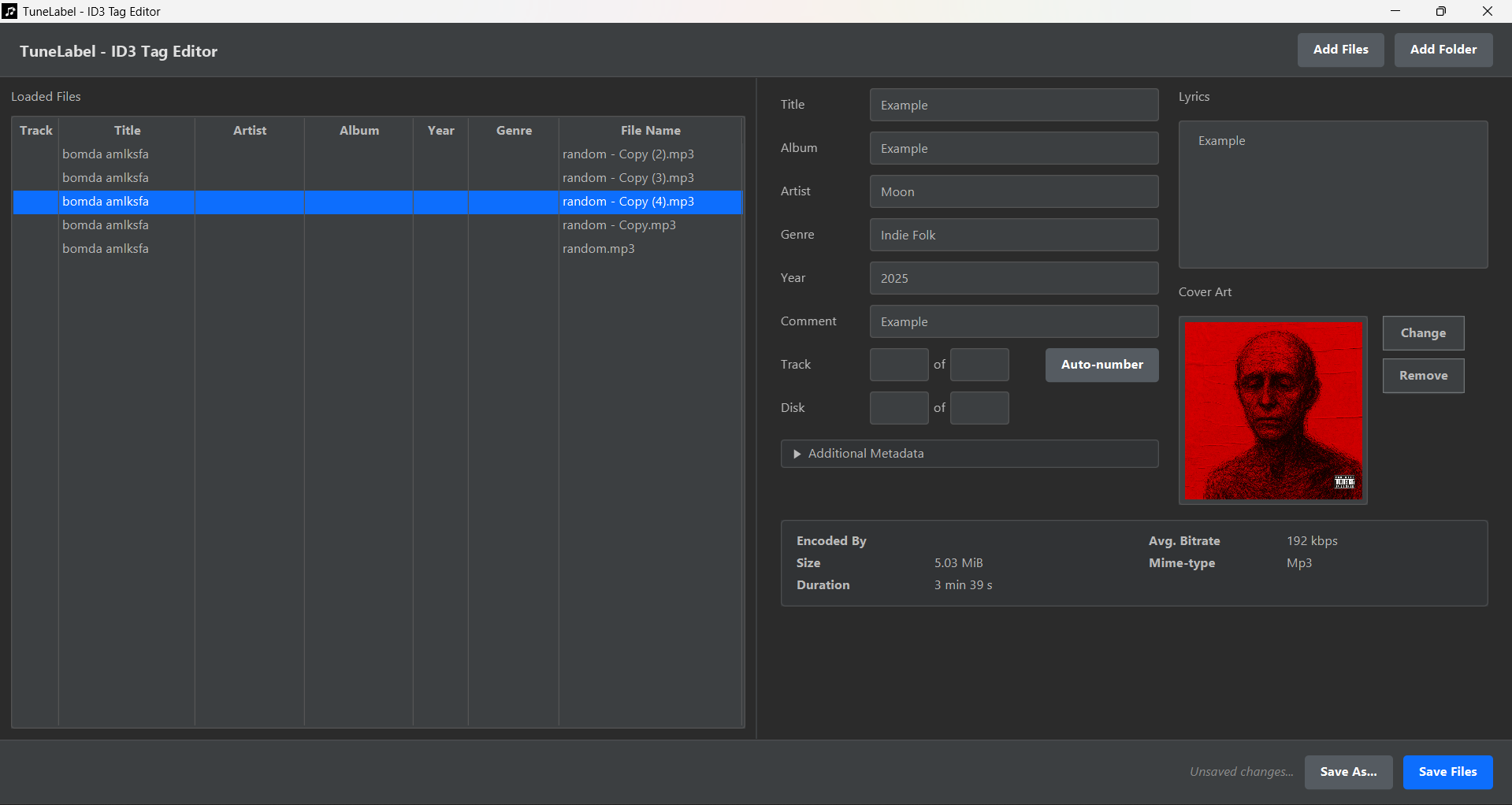 Screenshot of the TuneLabel MP3 and ID3 tag editor interface